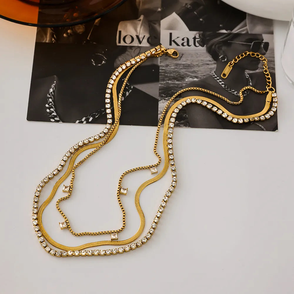 Classic Zirconia Necklace 18K Gold Plated Stainless Steel Multi Layer Necklace