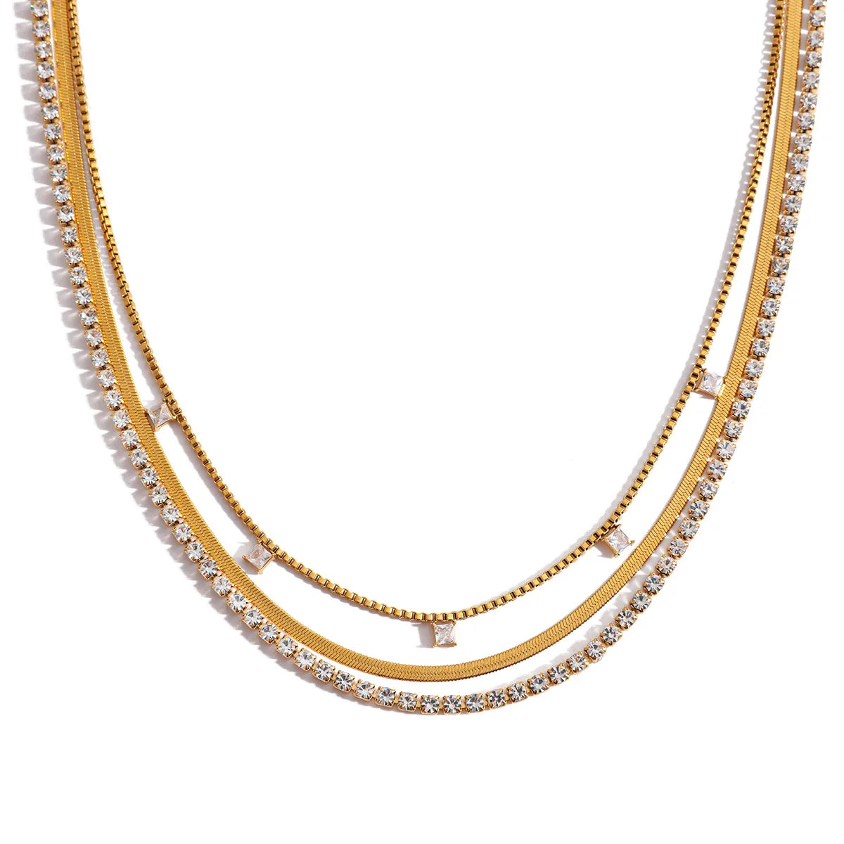 Classic Zirconia Necklace 18K Gold Plated Stainless Steel Multi Layer Necklace