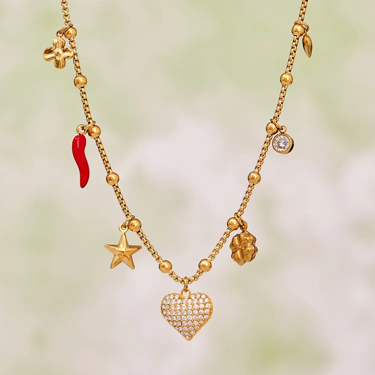 Heart Zircon Charms 304 Stainless Steel 18K Gold Plated Necklace