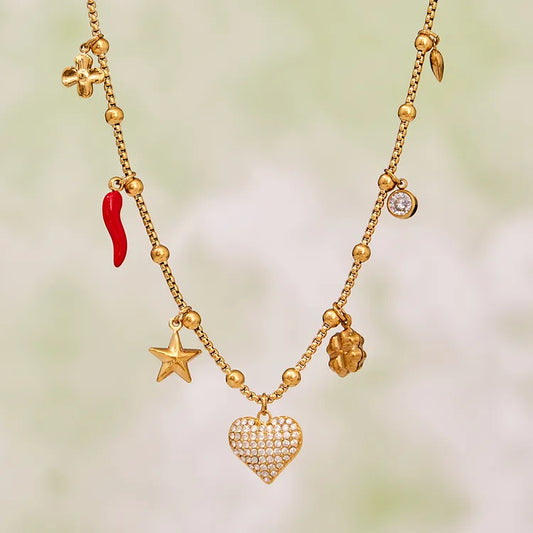 Heart Zircon Charms 304 Stainless Steel 18K Gold Plated Necklace