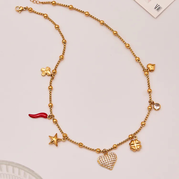 Heart Zircon Charms 304 Stainless Steel 18K Gold Plated Necklace