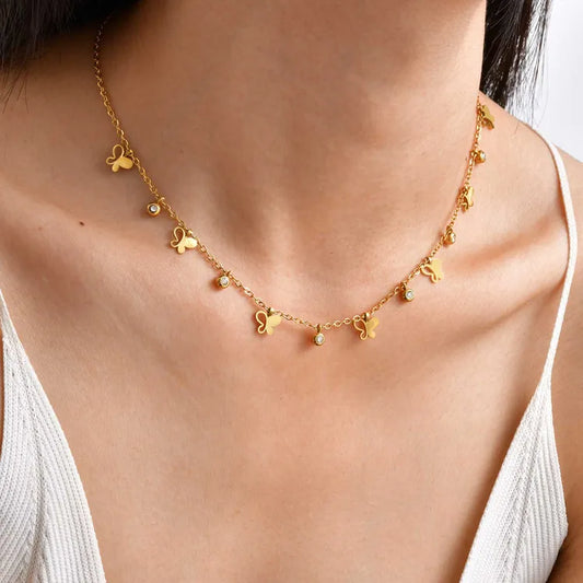 Butterflies and Diamonds 18K Gold Plated and 304 Stainless Steel Necklace