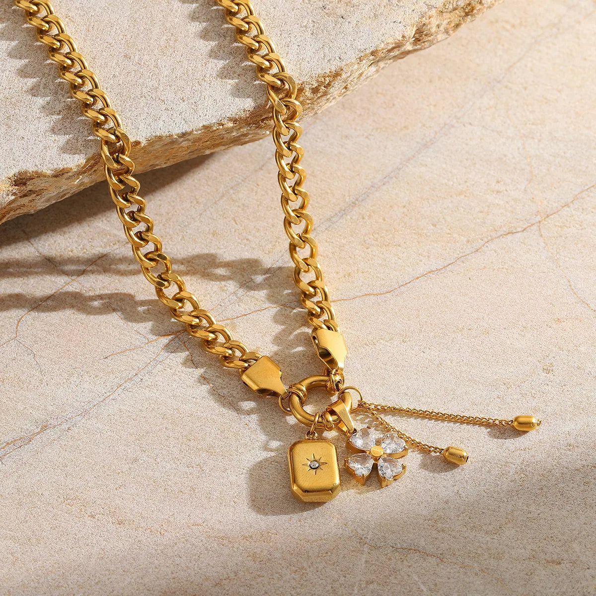 Four Leaf Clover Sun Rectangle 304 Stainless Steel Zircon 18K Gold Plated Charm Bracelet Necklace