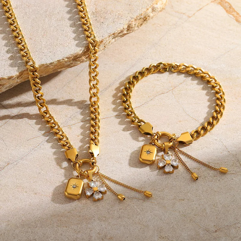 Four Leaf Clover Sun Rectangle 304 Stainless Steel Zircon 18K Gold Plated Charm Bracelet Necklace