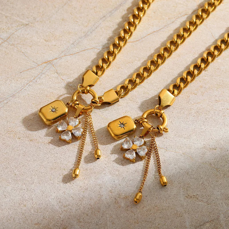 Four Leaf Clover Sun Rectangle 304 Stainless Steel Zircon 18K Gold Plated Charm Bracelet Necklace