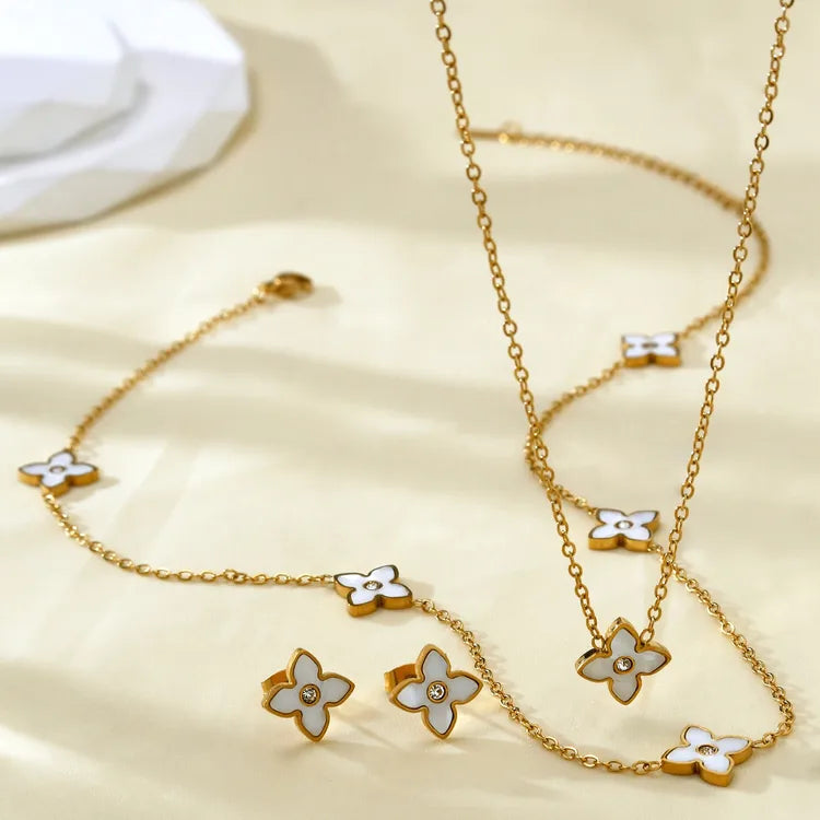 High-End Shell Zircon Flower Stainless Steel 18K Gold Plated Necklace Earring Set