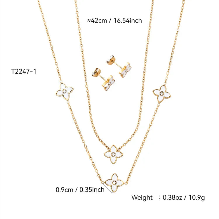 High-End Shell Zircon Flower Stainless Steel 18K Gold Plated Necklace Earring Set