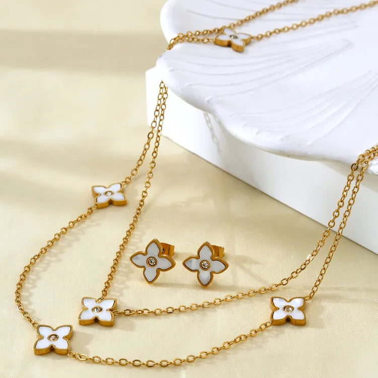 High-End Shell Zircon Flower Stainless Steel 18K Gold Plated Necklace Earring Set