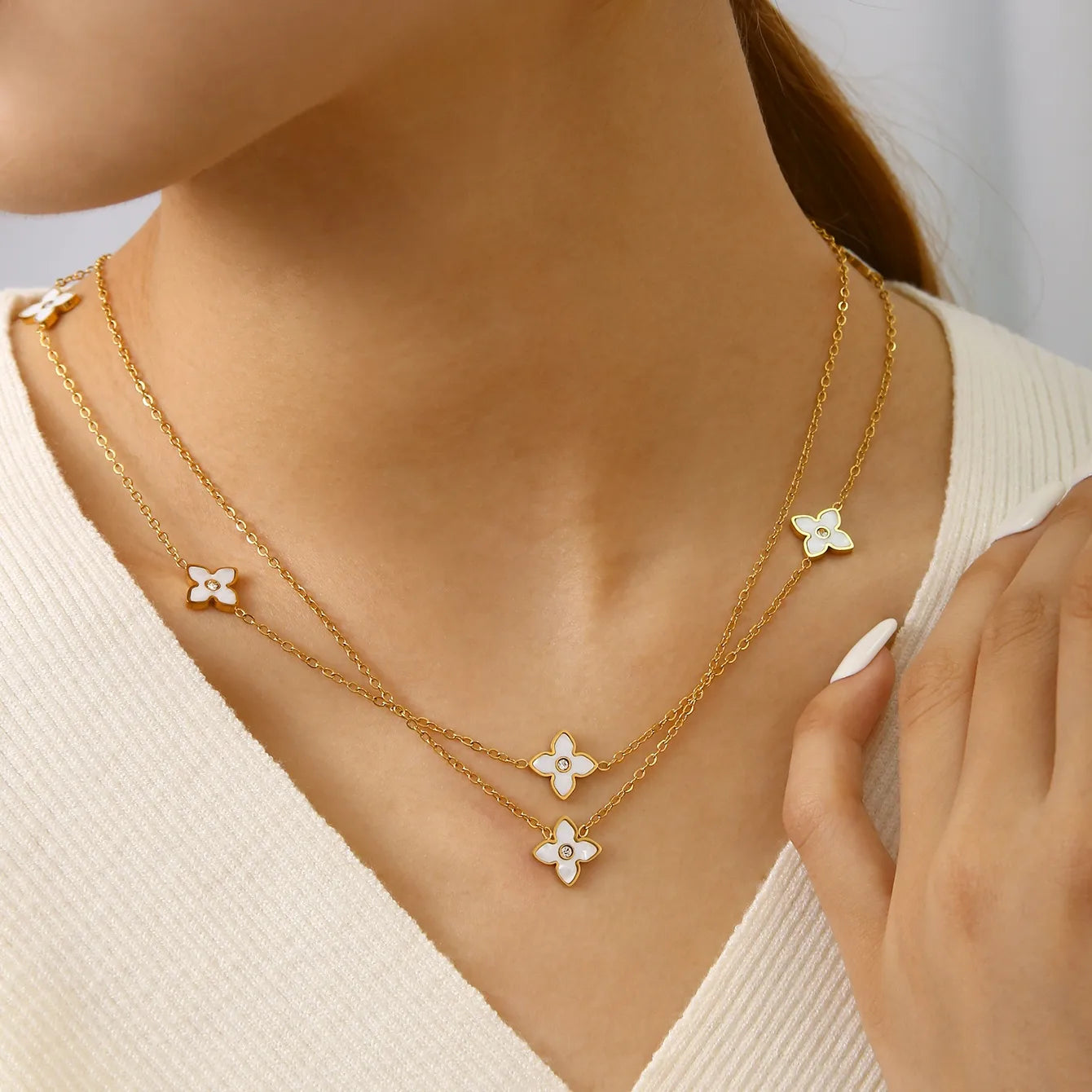 High-End Shell Zircon Flower Stainless Steel 18K Gold Plated Necklace Earring Set