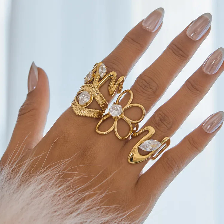 Classic Ladies Zirconia 18K Gold Stainless Steel Open Ring