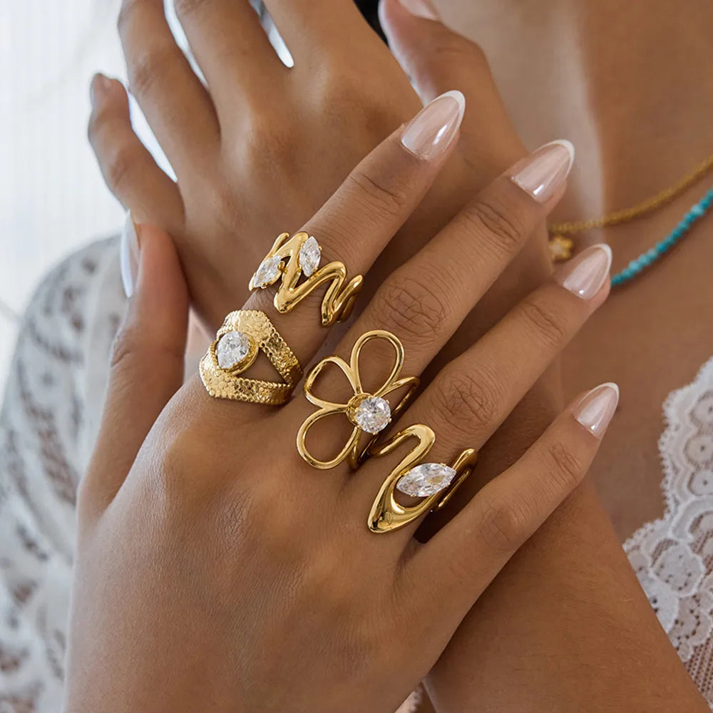 Classic Ladies Zirconia 18K Gold Stainless Steel Open Ring