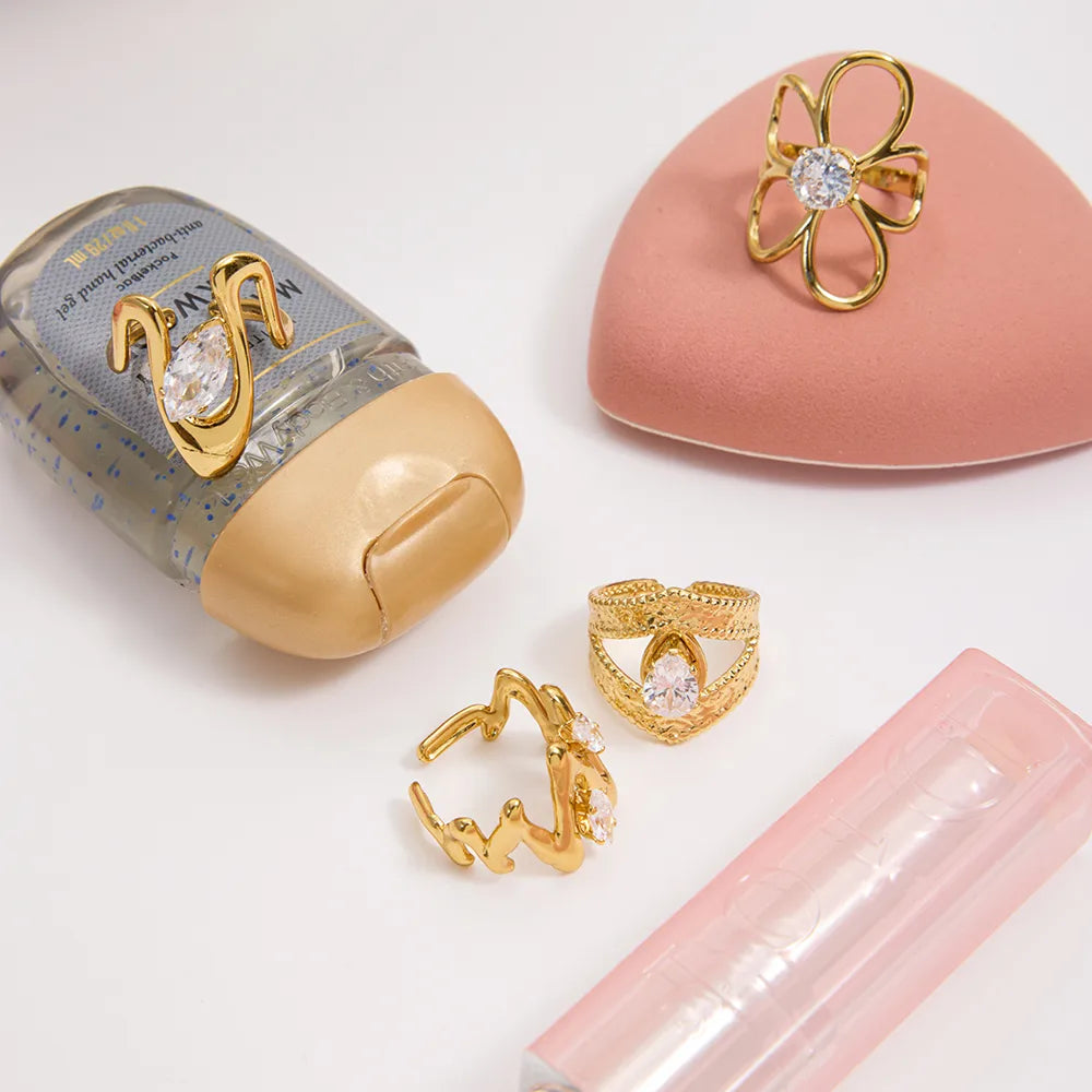 Classic Ladies Zirconia 18K Gold Stainless Steel Open Ring