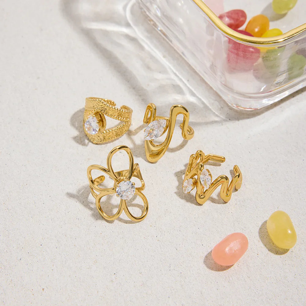 Classic Ladies Zirconia 18K Gold Stainless Steel Open Ring