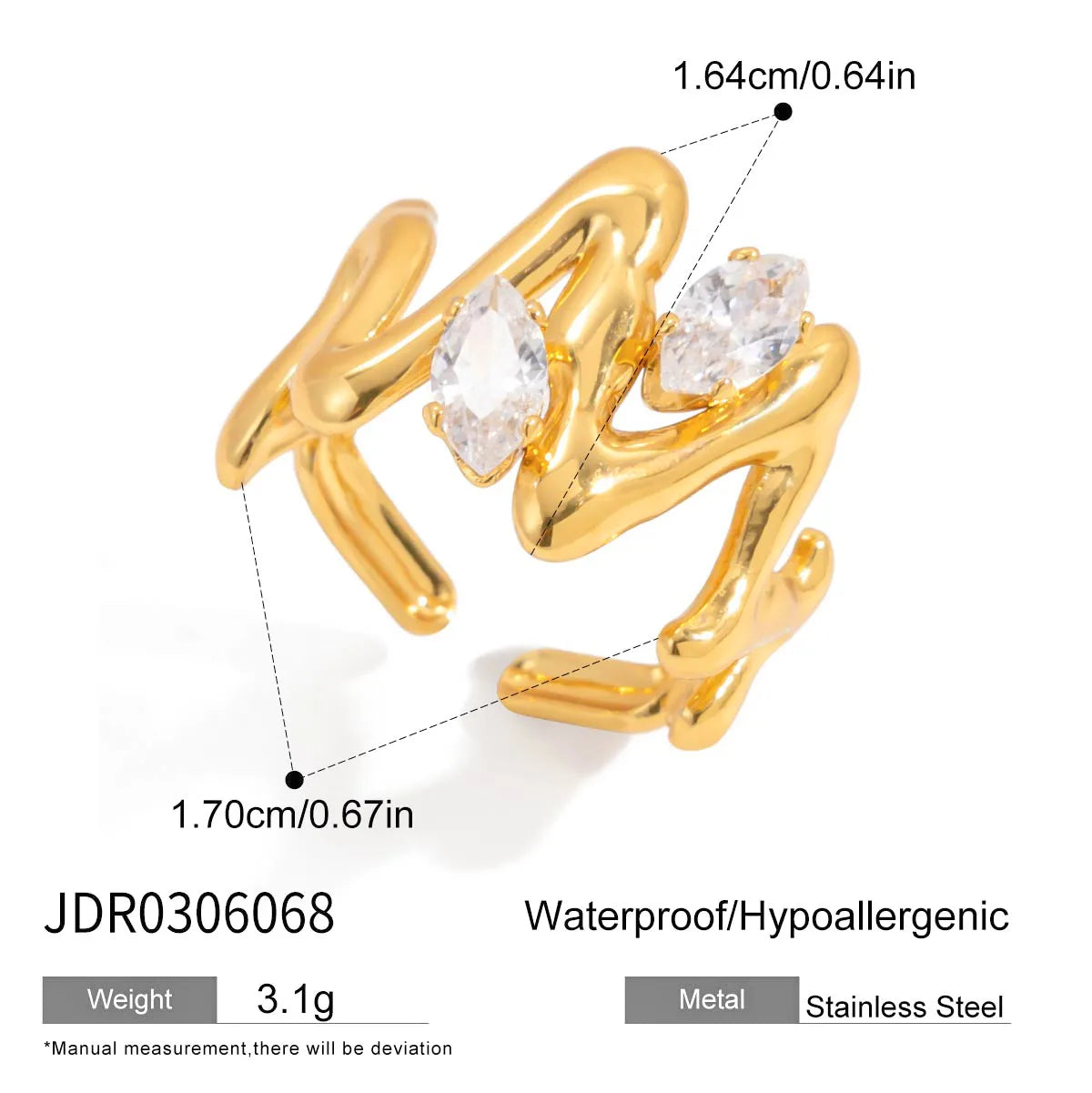 Classic Ladies Zirconia 18K Gold Stainless Steel Open Ring