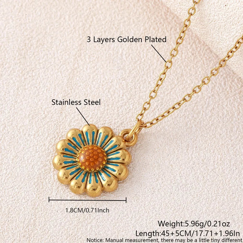 Enamel SunFlower 18K Gold Plated 304 Stainless Steel Necklace