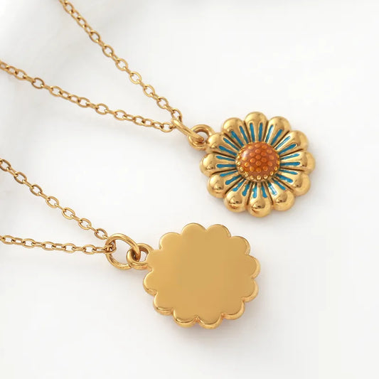 Enamel SunFlower 18K Gold Plated 304 Stainless Steel Necklace