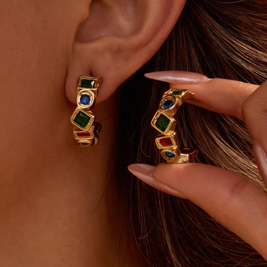 Vintage Stainless Steel Earrings With Colorful Zirconia 18K Gold Plated