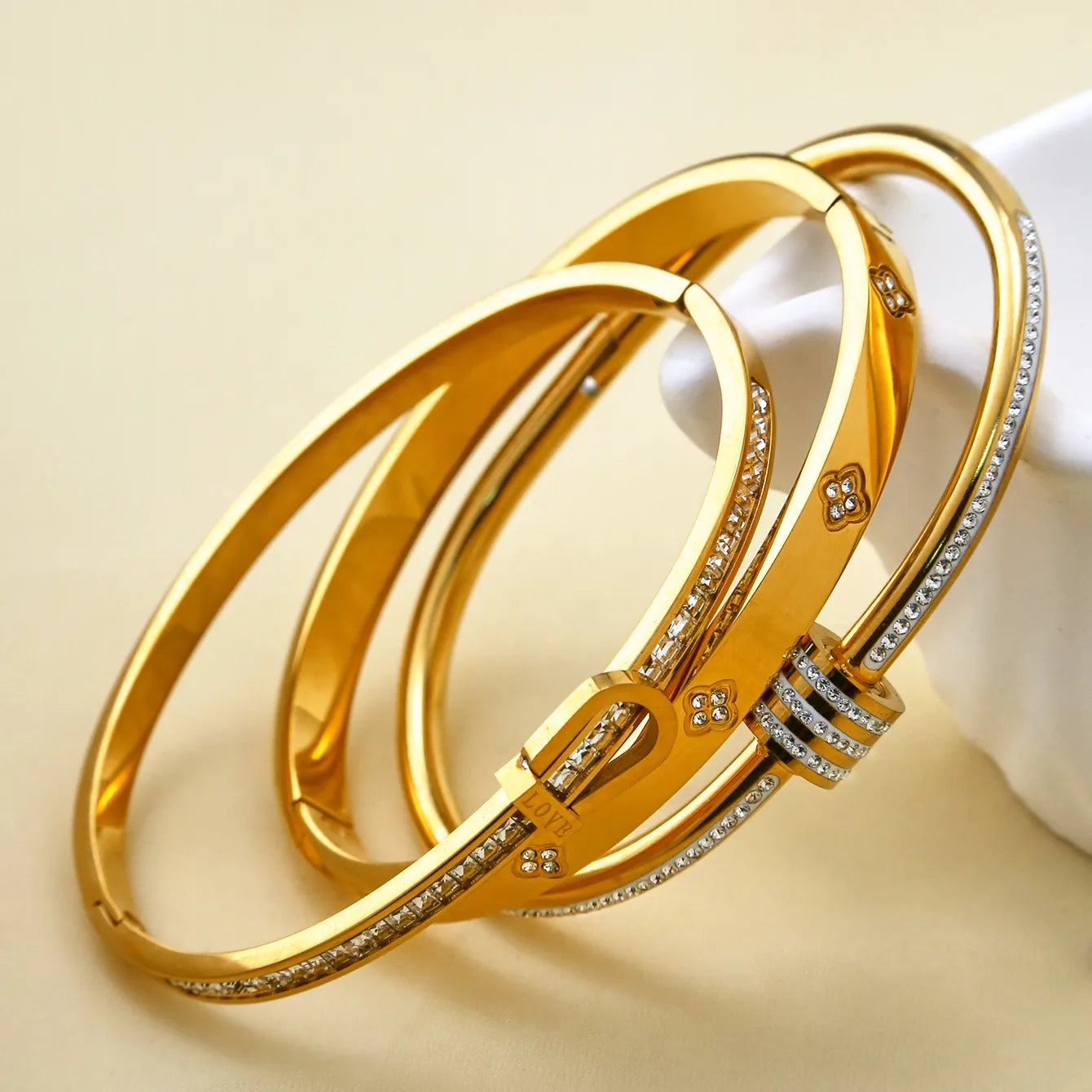 Luxury Design Stainless Steel Plated 18K Zirconia 3Pc Bracelet Set