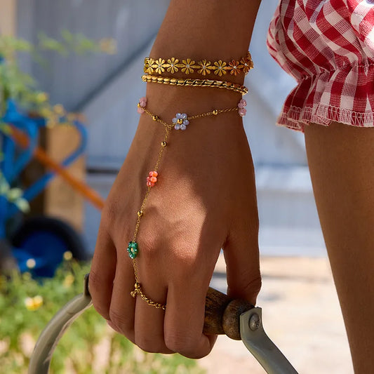 Sweet Flowers 16.5+5cm 18K Gold Stainless Steel Finger Chain Bracelet