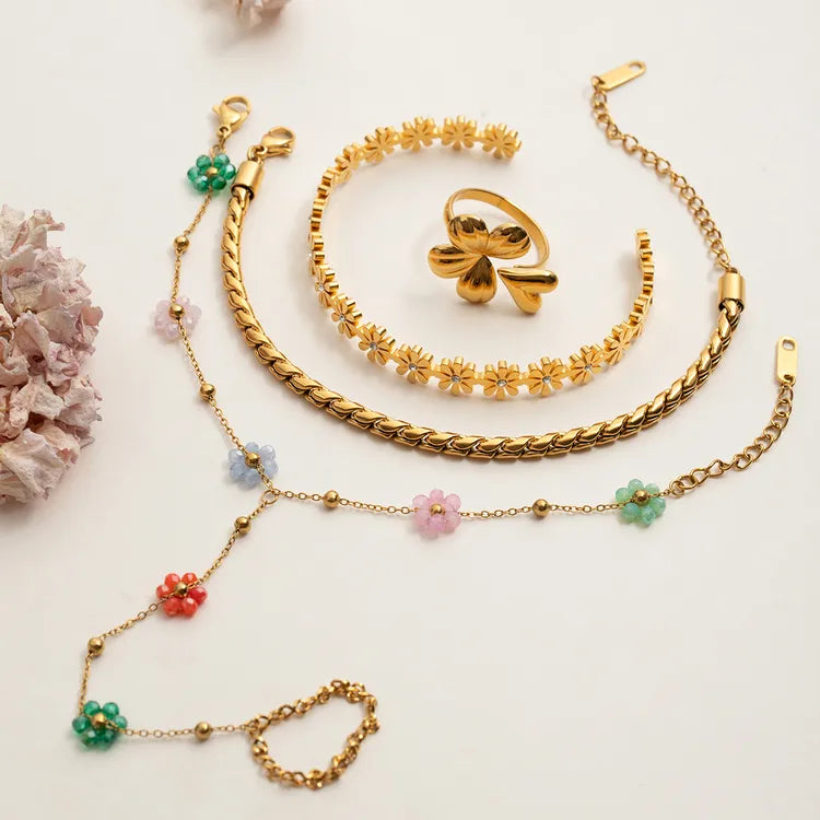 Sweet Flowers 16.5+5cm 18K Gold Stainless Steel Finger Chain Bracelet