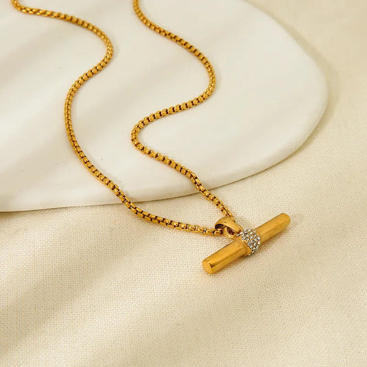 T Bar Gems 18K Gold Plated 304 Stainless Steel Necklace