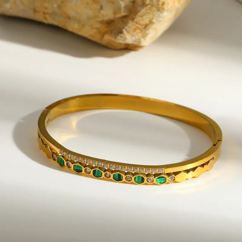 Geometric Mother of Pearl Electroplated 304 Stainless Steel 18K Gold Plated Bangle