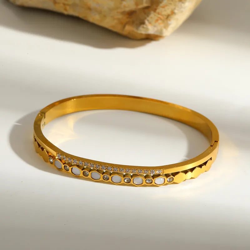 Geometric Mother of Pearl Electroplated 304 Stainless Steel 18K Gold Plated Bangle