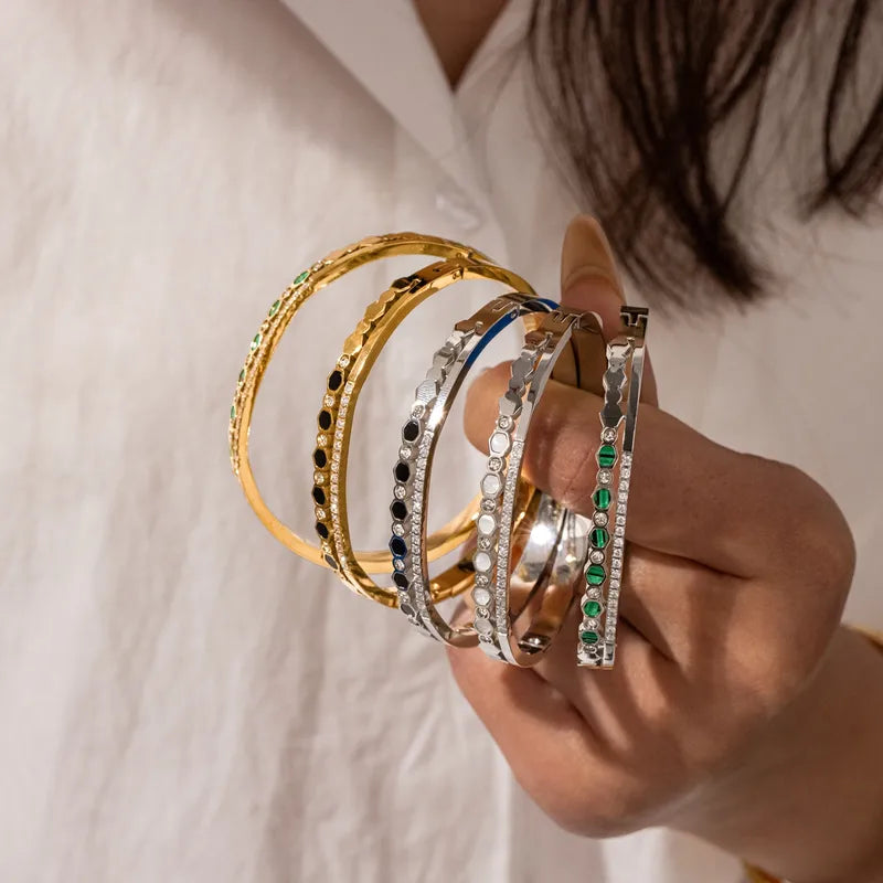 Geometric Mother of Pearl Electroplated 304 Stainless Steel 18K Gold Plated Bangle