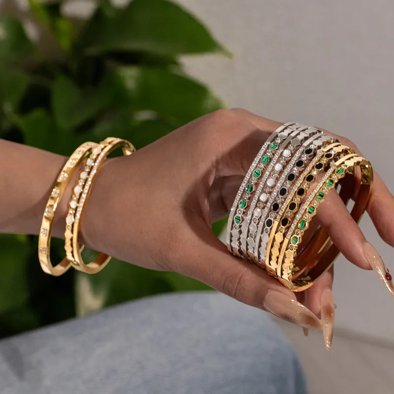 Geometric Mother of Pearl Electroplated 304 Stainless Steel 18K Gold Plated Bangle