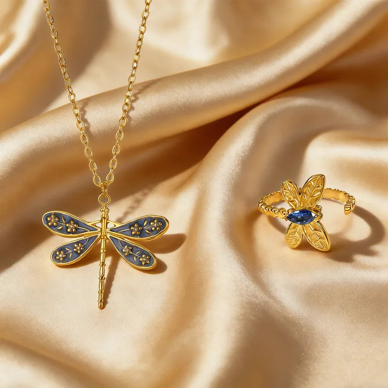 Dragon Fly Blue 18K Gold Plated 304 Stainless Steel Necklace Set