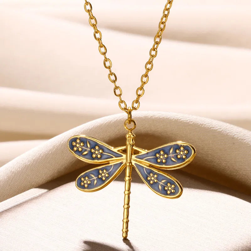 Dragon Fly Blue 18K Gold Plated 304 Stainless Steel Necklace Set
