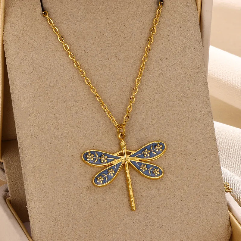 Dragon Fly Blue 18K Gold Plated 304 Stainless Steel Necklace Set