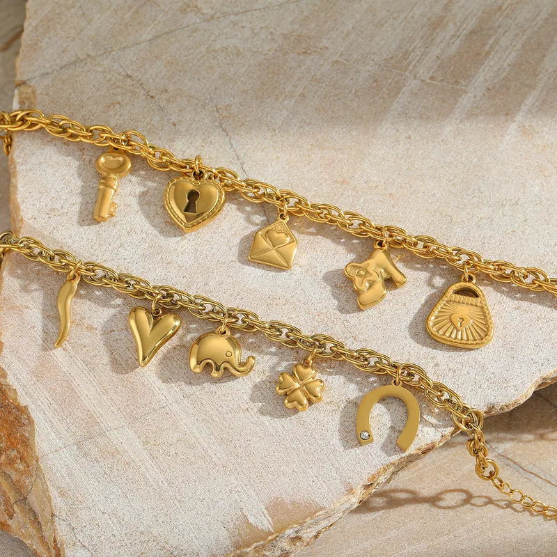 Cute Heart Shape 304 Stainless Steel 18K Gold Plated Charm Bracelet