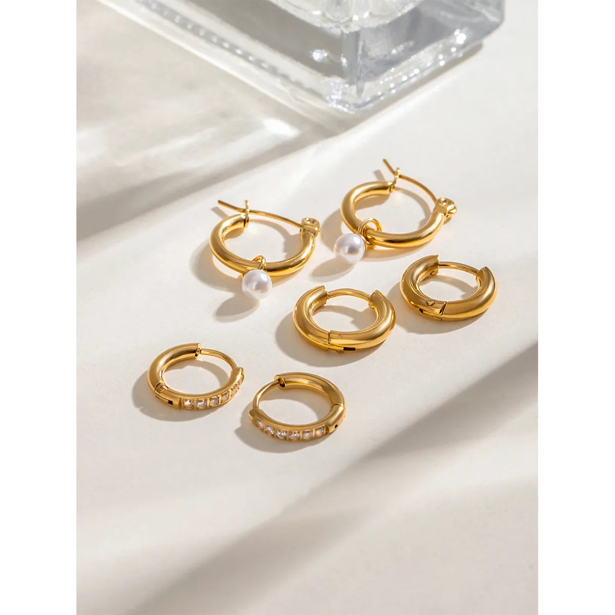 Classic Pearl Gem 304 Stainless Steel Geometric 18K Gold Plated Earring