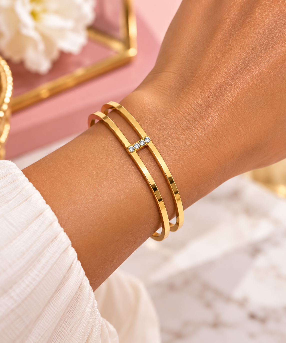 Diamanté Double Strand 18K Gold Plated 304 Stainless Steel Bracelet