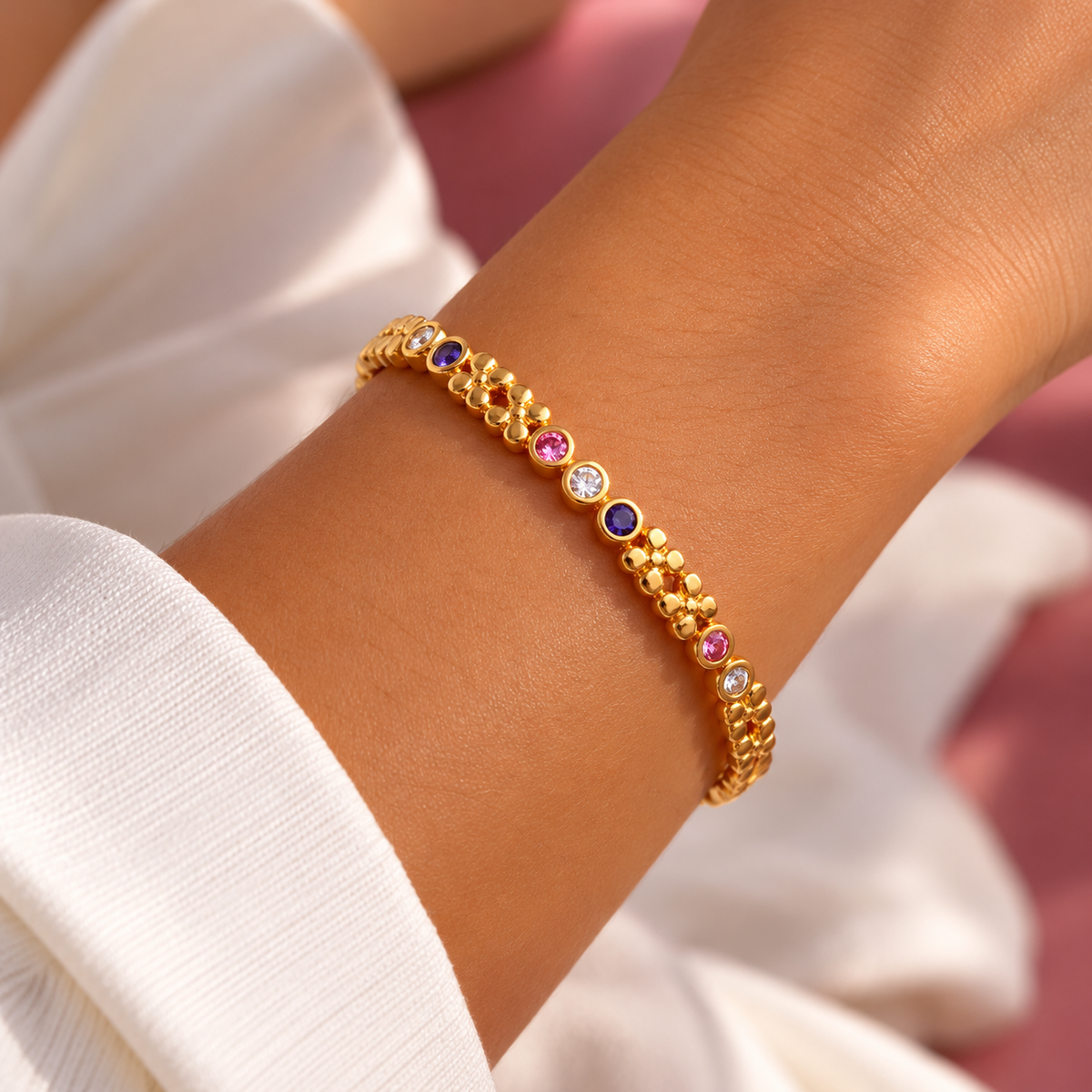 Purple Pink Zirconia 18K Gold Plated 304 Stainless Steel Bracelet
