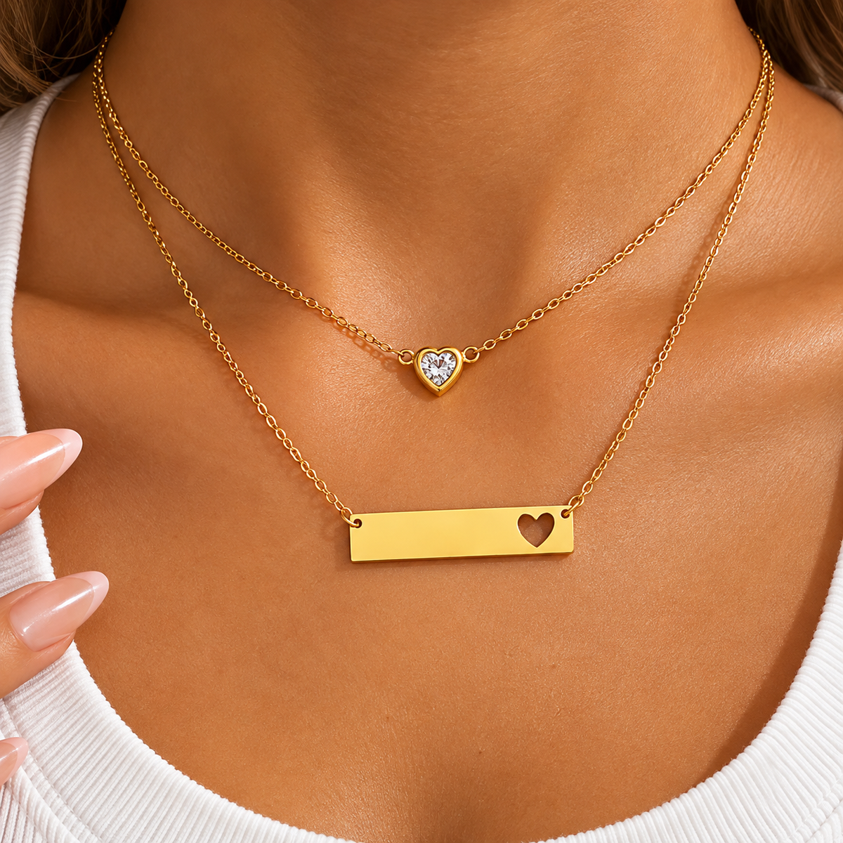 Heart Zirconia Open 18K Gold Plated 304 Stainless Steel Layered Necklace