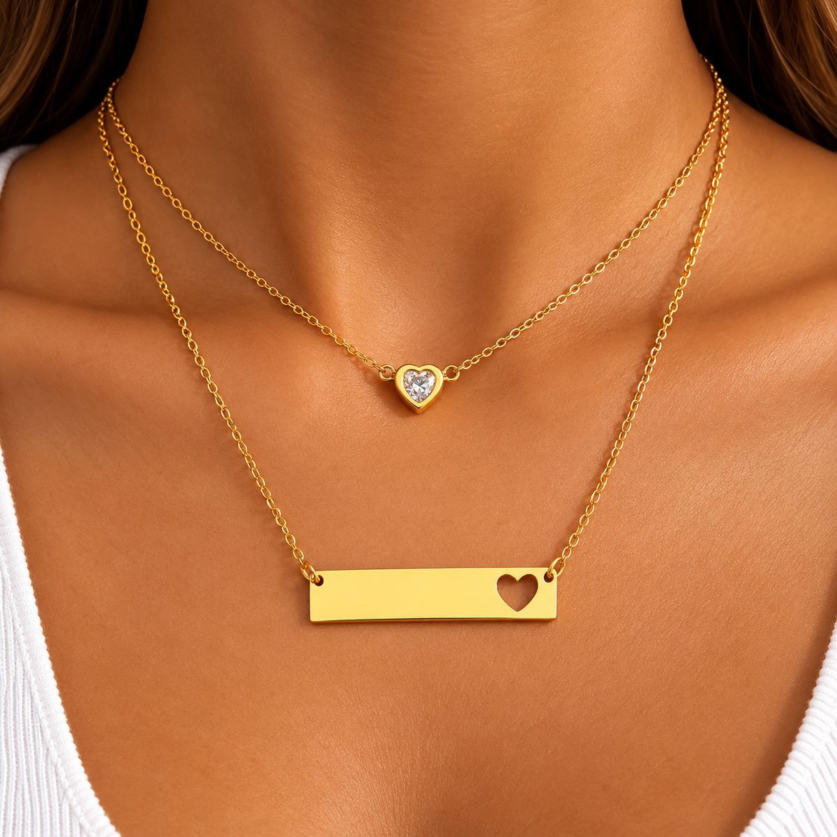 Heart Zirconia Open 18K Gold Plated 304 Stainless Steel Layered Necklace