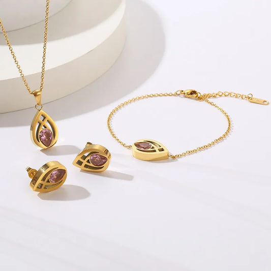 Dropped 18K Gold Plated Water Titanium Steel Bracelet Necklace Set