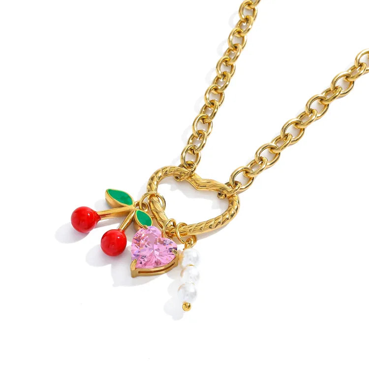Pearl Heart Cherry 18K Gold Plated Stainless Steel Charm Necklace