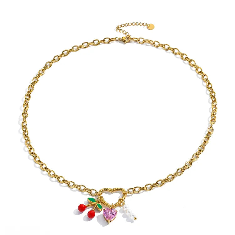Pearl Heart Cherry 18K Gold Plated Stainless Steel Charm Necklace