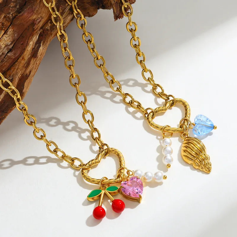 Pearl Heart Cherry 18K Gold Plated Stainless Steel Charm Necklace
