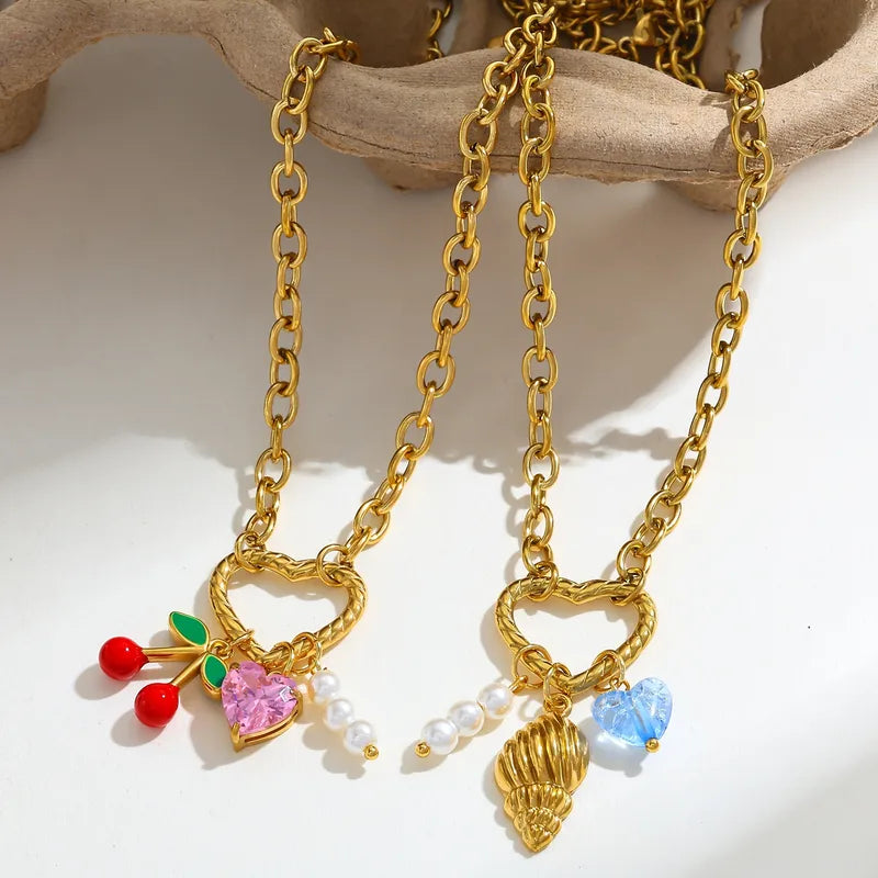 Pearl Heart Cherry 18K Gold Plated Stainless Steel Charm Necklace