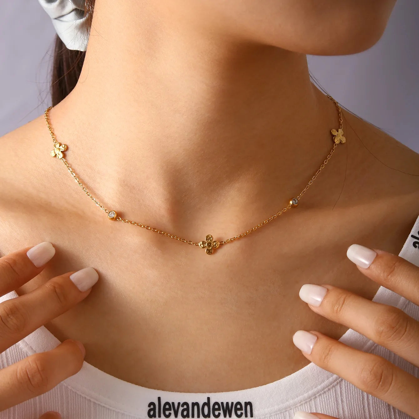 Elegant Lady Flower 304 Stainless Steel 18K Gold Plated Cable Chain Necklace