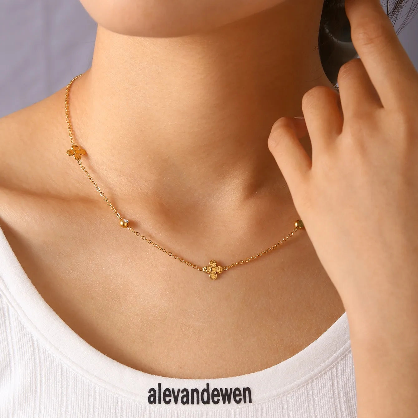 Elegant Lady Flower 304 Stainless Steel 18K Gold Plated Cable Chain Necklace