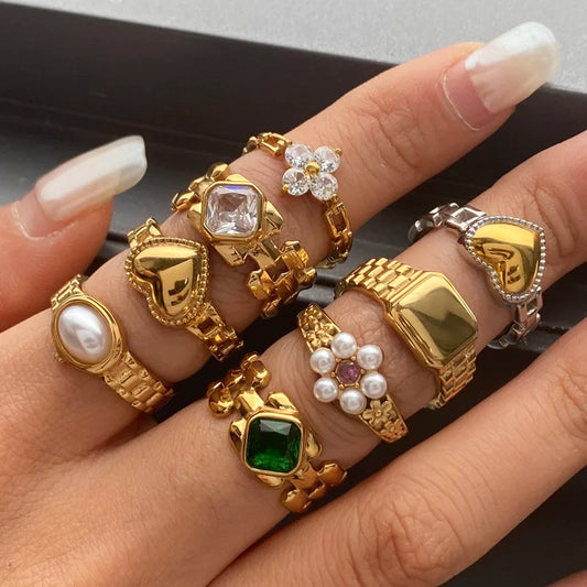 Pretty Hands 304 Stainless Steel 18K Gold Plated Waterproof Non Tarnish Mixed Metal Rings