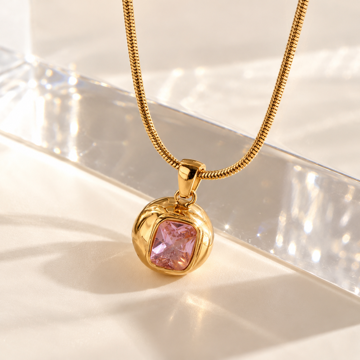 Pink Dome 18K Gold Plated 304 Stainless Steel Necklace