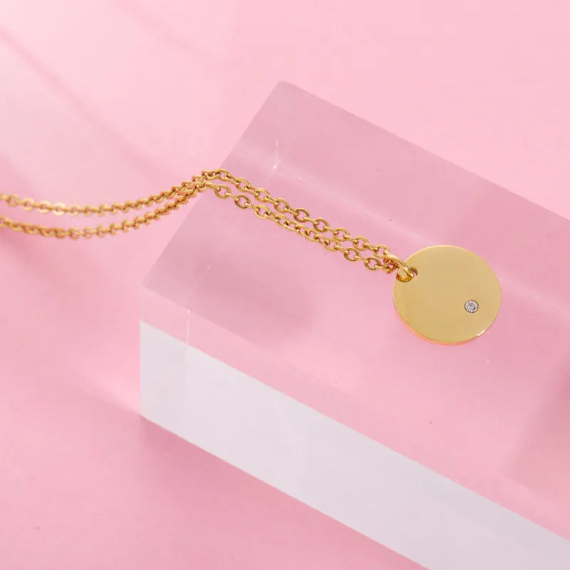Diamond and Circle 18K Gold Plated and Stainless Steel Pendant Necklace