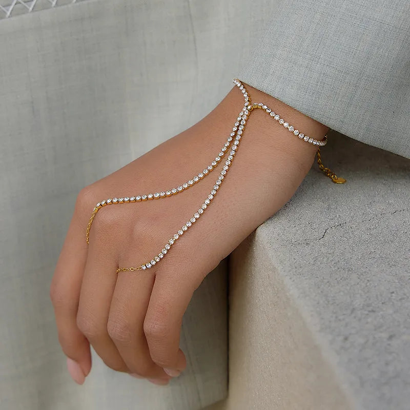18K Gold Plated 304 Stainless Steel Tennis Finger Chain