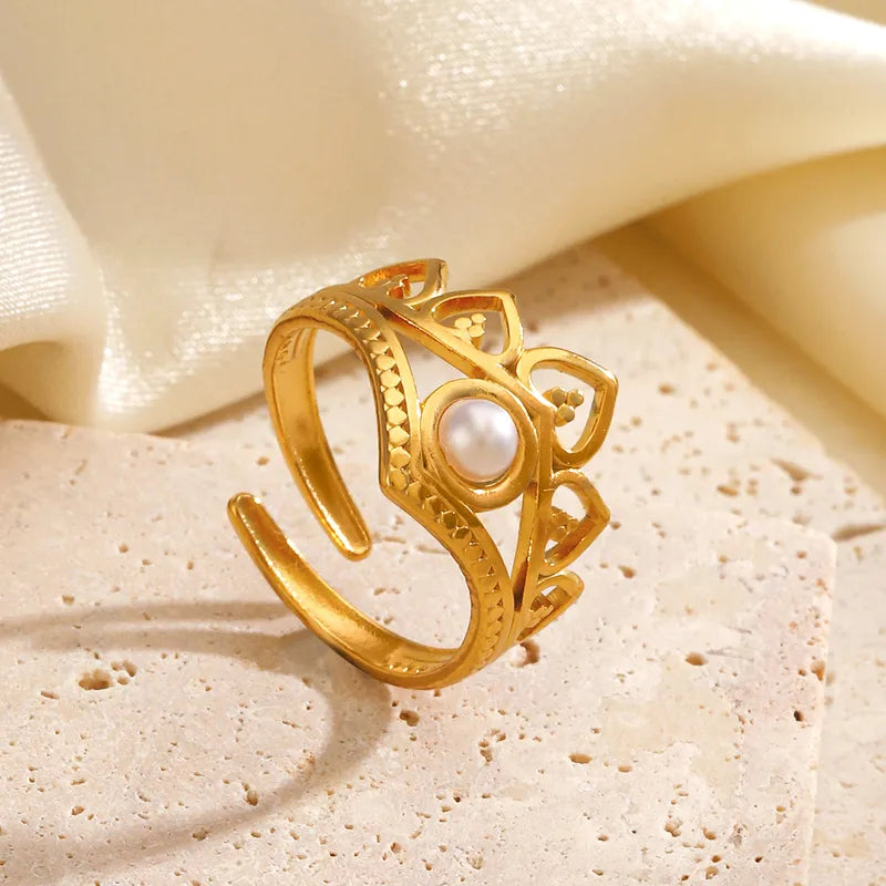 Crown 18K Gold Plated 304 Stainless Steel Vintage Waterproof Non Tarnish Open Ring